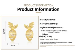 S925 silver carrot stud earrings with brushed gold finish and white zircon detail
