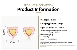 Detailed view of 10x10mm pink shell heart studs in S925 silver with 10K gold plating