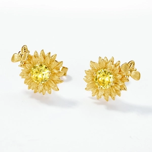 S925 sterling zilveren zonnebloem oorbellen met gele zirkoon en fijne bijen detail