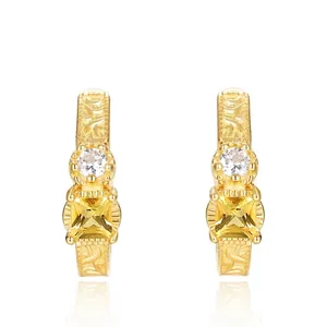 Vintage 925 Sterling Silver Gold Plated Citrine Stud Earrings Retro Engraved Flower Pattern Hoop Earrings For Women