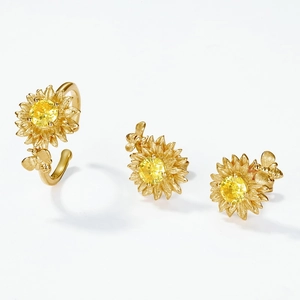 Zonnebloem sieradenset van S925 zilver met gele zirkoon en open ring met bijtje