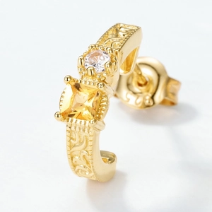 Retro S925 silver gold plated hoop earrings with yellow crystal and vintage engravings