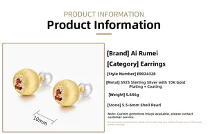 Detail of S925 silver red garnet stud earrings with 10mm size and brushed gold texture