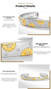Close-up of S925 sterling silver daisy bracelet with brushed texture and zircon stones