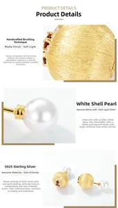 Detailed macro view of S925 silver stud earrings with brushed gold finish and white shell pearls