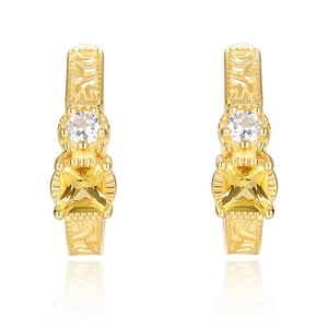 Vintage 925 silver 10k gold earrings with square citrine and white zircon stones