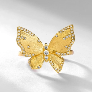 Handmade brushed gold butterfly ring in S925 sterling silver with sparkling crystals