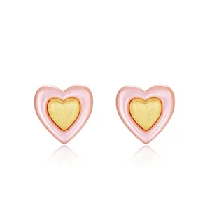S925 Sterling Silver Heart Stud Earrings For Women Pink Shell Inlaid Handmade Brushed Real Gold Plated Elegant Jewelry Gift