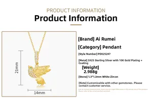 Dettaglio ciondolo gazza in argento 925 oro 10K con zircone bianco e misure incluse