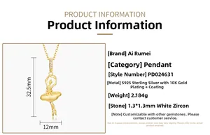 Detailed dimensions of 925 silver ballet dancer pendant with white zircon stones