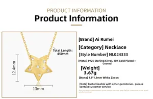 Detailed dimension guide for the 10K gold star pendant with S925 silver and white zircons