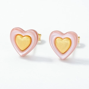 Minimalist S925 silver heart stud earrings with pink shell and gold brushed metal center