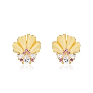 Vintage Handmade Brushed Ginkgo Leaf Stud Earrings 925 Sterling Silver Gold Plated Zirconia Inlaid Elegant Jewelry For Women