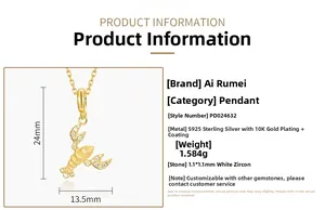 Macro shot of gold-plated silver lobster pendant with measurements and product specs