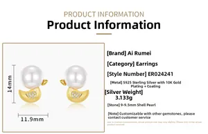 Detailed view of duck earrings with 9.5mm shell pearls and S925 sterling silver base