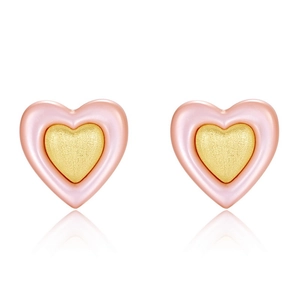 Minimalist S925 silver heart stud earrings with brushed gold finish and pink shell inlay