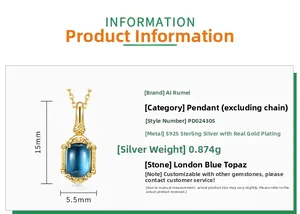 Dettaglio del ciondolo in argento S925 con topazio blu Londra, misure 15mm per 5,5mm