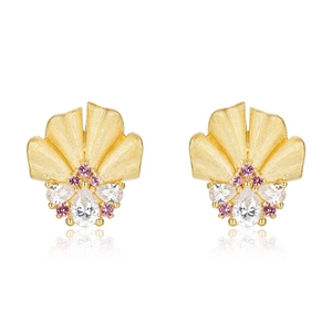 Vintage golden ginkgo leaf earrings with brushed texture and pear-cut pink crystals