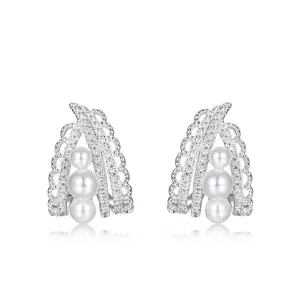French Retro Luxury Lace Hollow Stud Earrings With Shell Artificial Pearl And Zircon 925 Sterling Silver Earring Post For Women