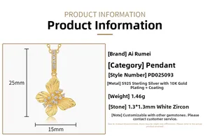 Detailed infographic of brushed gold butterfly pendant with S925 silver and cubic zirconia