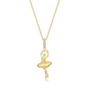 Artistic 925 Sterling Silver Ballet Dancer Girl Pendant Necklace Gold Plated Rhinestone Inlaid Fashion Jewelry For Women