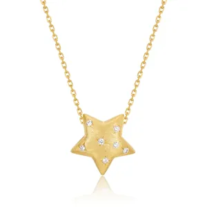 925 Sterling Silver 10K Gold Plated Star Pendant Necklace For Women Minimalist Hand Brushed Zirconia Inlaid Clavicle Chain Jewelry