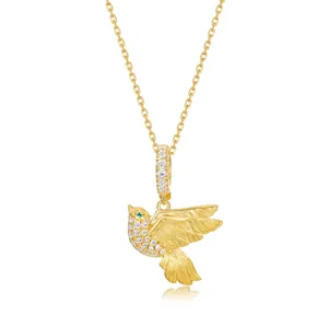 Collana con Ciondolo a Forma di Uccello in Argento Sterling S925 Placcato Oro per Donna Zirconia Scintillante Metallo Spazzolato Gioielli alla Moda
