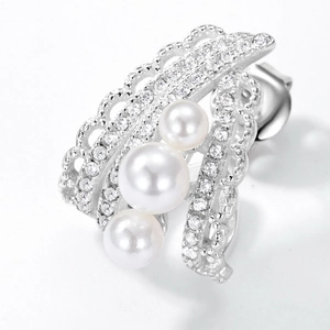 French retro silver lace hollow earrings with three pearls and inlaid zircons