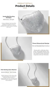 Macro detail of S925 sterling silver heart pendant with handcrafted brushed texture
