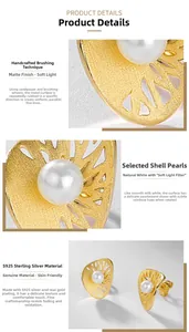 Detailed view of handmade brushed S925 sterling silver fan earrings with white shell pearls
