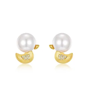 Cute Cartoon Duck Stud Earrings With 925 Sterling Silver Earring Post Shell Artificial Pearl And Cubic Zirconia Hand Brushed Gold