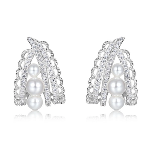 Lace-style hollow pearl earrings with cubic zirconia pavé in silver finish
