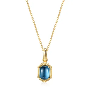 Collana con Pendente in Argento Sterling 925 Placcato Oro Topazio Blu di Londra Naturale Vintage Geometrico Rettangolo Gioielli da Donna