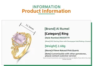 Spécifications détaillées de la bague en argent 925 doré avec quartz rose naturel