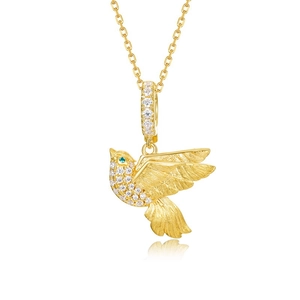 Squisita collana gazza in argento 925 placcato oro con zirconi brillanti e occhio di gemma verde