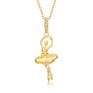 Gold ballet dancer pendant necklace in matte finish with white zircon accents on white background