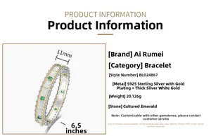Detailed specs of S925 silver cuff bracelet with lab emerald and gold plating