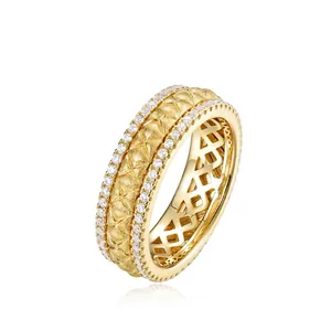 925 Sterling Silver Rotating Ring Quilted Matelassé Pattern Pave Zirconia 10K Gold Plated Retro Fashion Jewelry Ring Women