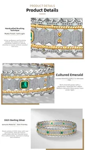 Macro detail of hand-brushed S925 silver cuff bracelet with emerald gemstone settings