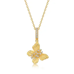 Palace Style 925 Sterling Silver Butterfly Pendant Necklace Gold Plated Brushed Texture Zirconia Inlaid Clavicle Chain For Women Jewelry