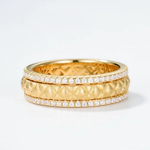 Vintage brushed gold 925 silver spinning ring with quilted texture and zircon stones