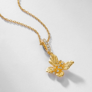 Vintage gold butterfly pendant necklace in S925 silver with brushed texture and zircon stones