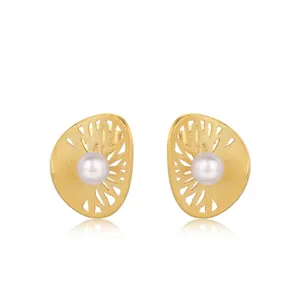 Vintage Hollow Stud Earrings With 925 Sterling Silver Earring Post Gold Plated Shell Artificial Pearl Hand Brushed Women Jewelry