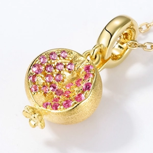 S925 silver pomegranate pendant necklace with matte gold finish and pink cubic zirconia