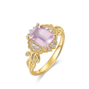 Bague en Argent Sterling S925 Plaqué Or Cristal Rose Naturel Feuille Bijoux Vintage avec Strass Rectangulaires pour Femmes