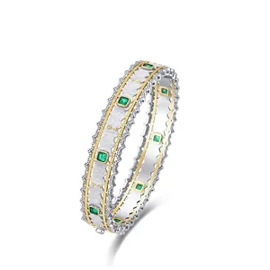 Vintage 925 Sterling Silver Lab-grown Emerald Cuff Bracelet For Women Elegant Handmade Brushed Gold Plated Open Bangle Jewelry