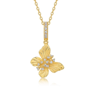 Vintage brushed S925 silver gold plated butterfly necklace with sparkling zircon crystals