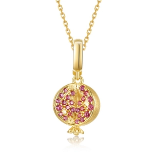 S925 sterling silver pomegranate pendant necklace with brushed gold and purple gems