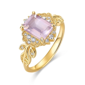 Bague en argent S925 doré avec cristal rose rectangulaire et design de feuille