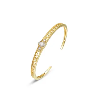 Vintage 925 Sterling Silver Gold Plated Hollow Out Bangle For Women With Natural Labradorite Rhinestone Jewelry Bracelet